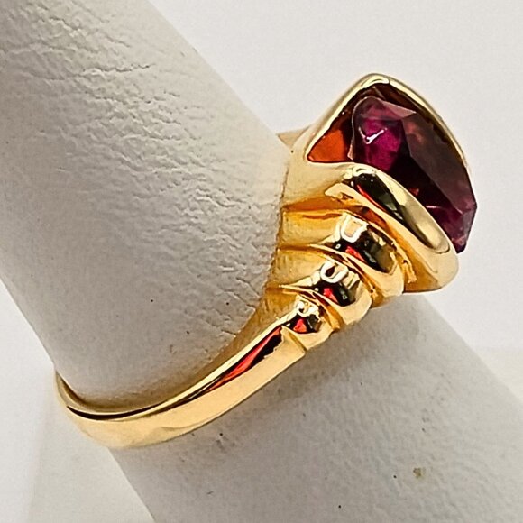 Women's Gold Plated Rubellite Toumaline Ring Size 10 Cocktail Statement Oval Cut - Picture 2 of 7